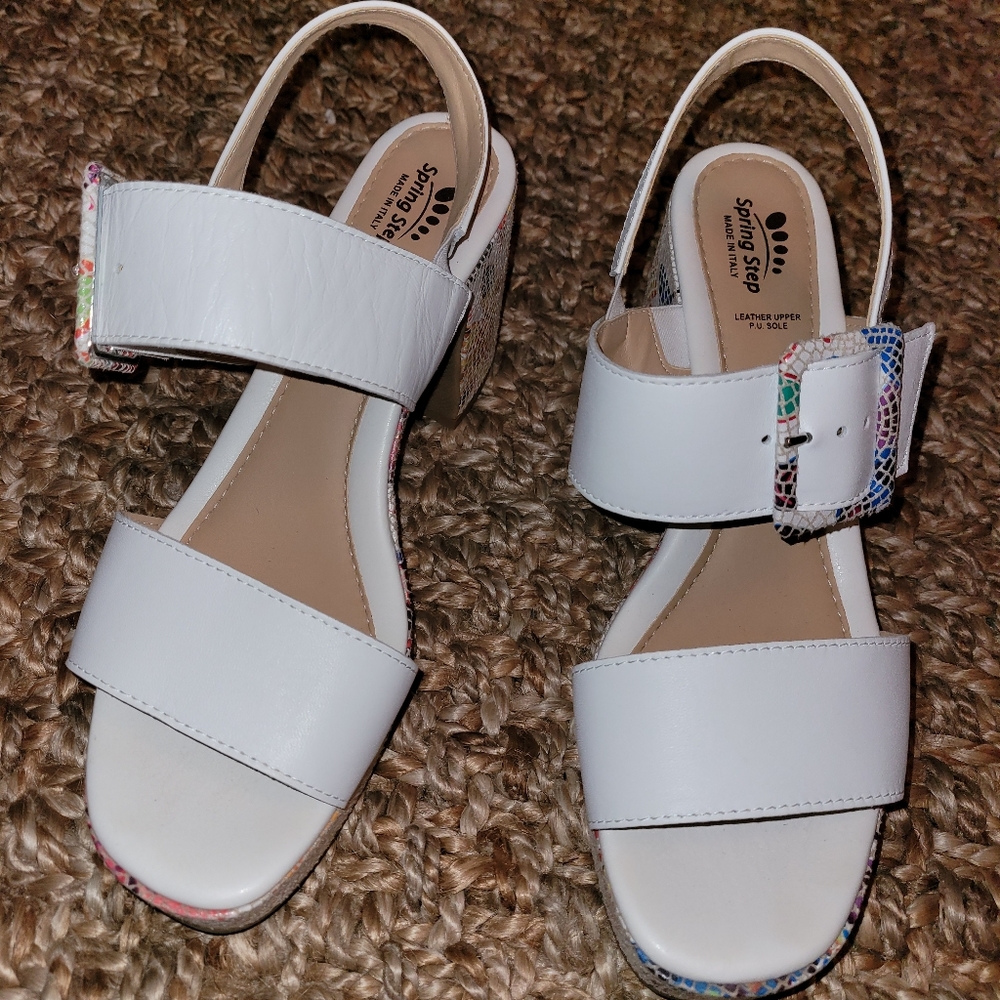 Spring step summer sandals white with designs on the heels